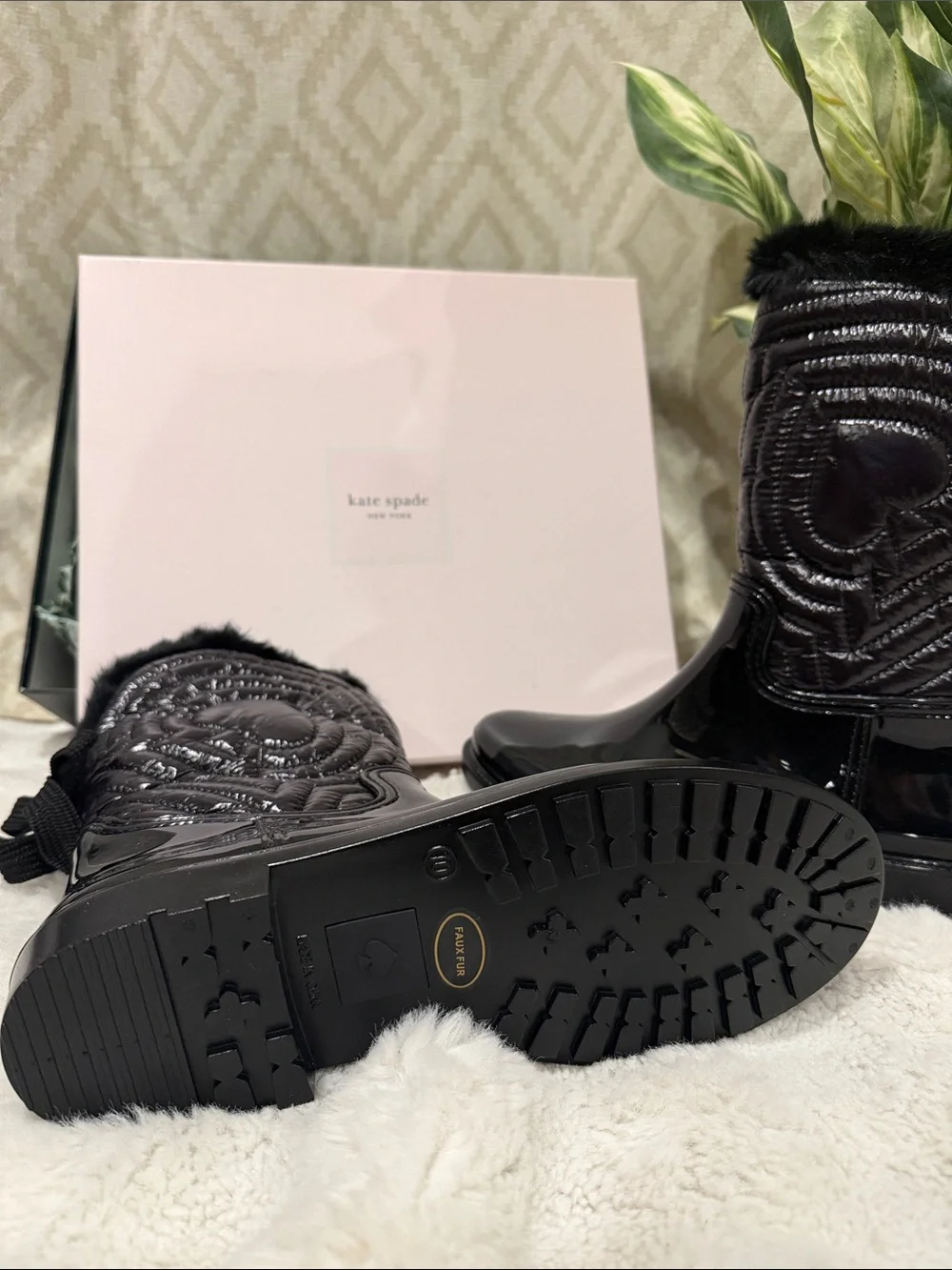 kate spade Black Patent Quilted Fur-Trim Winter Boots with Heart Detail